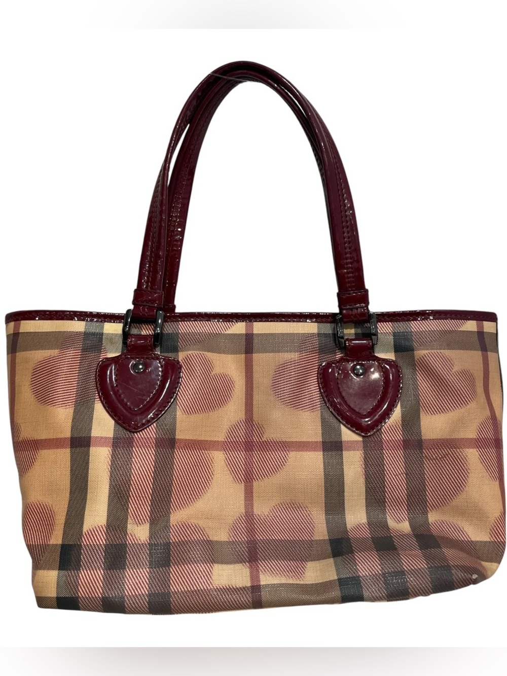 Burberry Beige Plaid Tote with Burgundy Patent Trim - Picture 3 of 5